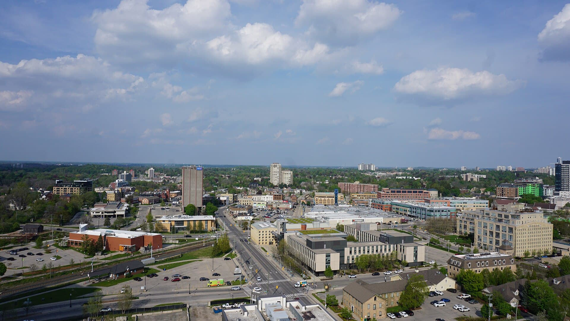 Uptown Waterloo from the air, the city spreading out to the countryside beyond